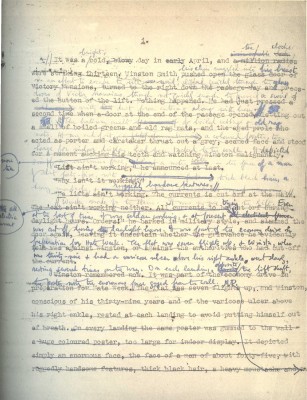 The first page of a heavily-edited manuscript of George Orwell's 1984